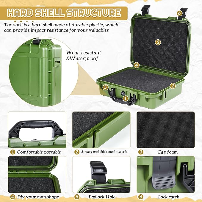 1 Pcs 16.3 x 12.4 x 6.5 inch Waterproof Hard Case with DIY Customizable Foam Insert Portable Protective Case with Knife for Camera Drones Equipments Tools Test Instruments (Green)