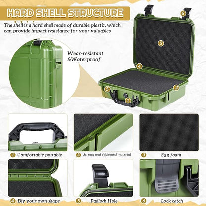1 Pcs 11.3 x 8.7 x 4.2 Inch Waterproof Hard Case with DIY Customizable Foam Insert Portable Protective Case with Knife for Camera Drones Equipments Tools Test Instruments (Green)