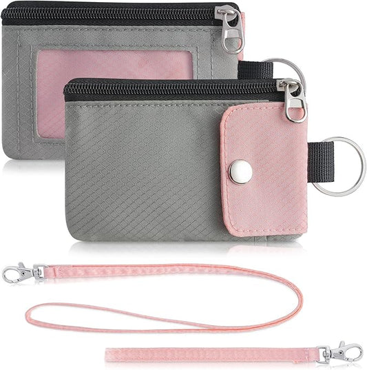 Minimalist Wallet For Mens Womens, Keychain RFID Blocking Zipper Small Wallet with ID Window 2 Lanyards,Water Resistant Travel Cash Card Coin Case Boys Girls