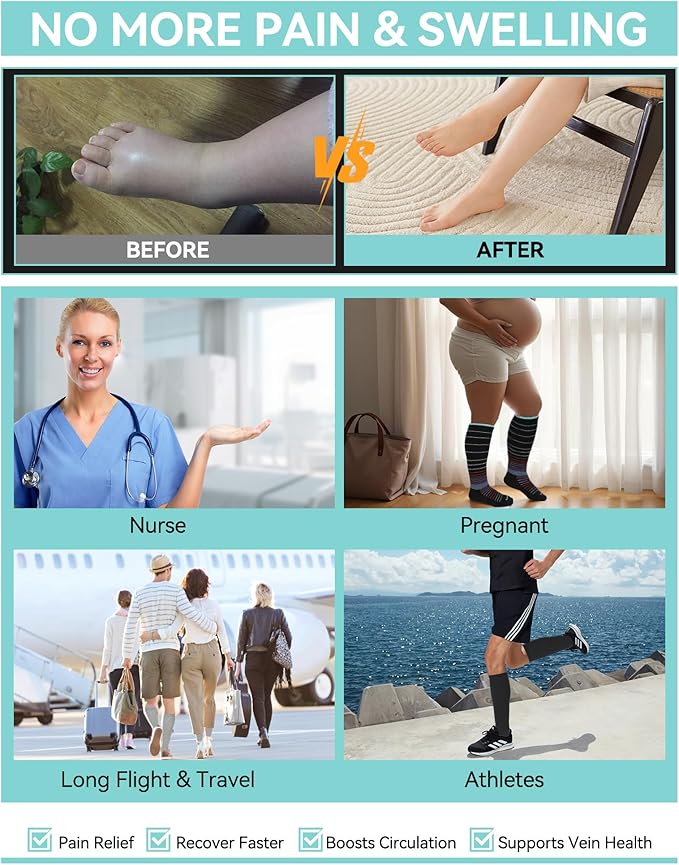 HAPIU Merino Wool Easy On Compression Socks for Women & Men, 15-20 mmHg, Plus Size Knee High Stocking for Nurses, Pregnancy, Travel, Flight, Medias de Compresión Mujer