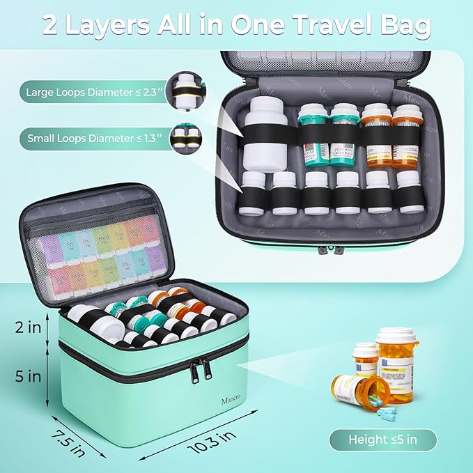 Mancro Dual Layers Medicine Organizer Bag, Pill Bottle Organizer Storage with Lockable Zipper, Medication Travel Bag for Pills, Vitamins, Medical Supplies for Home Storage, Travel, Green