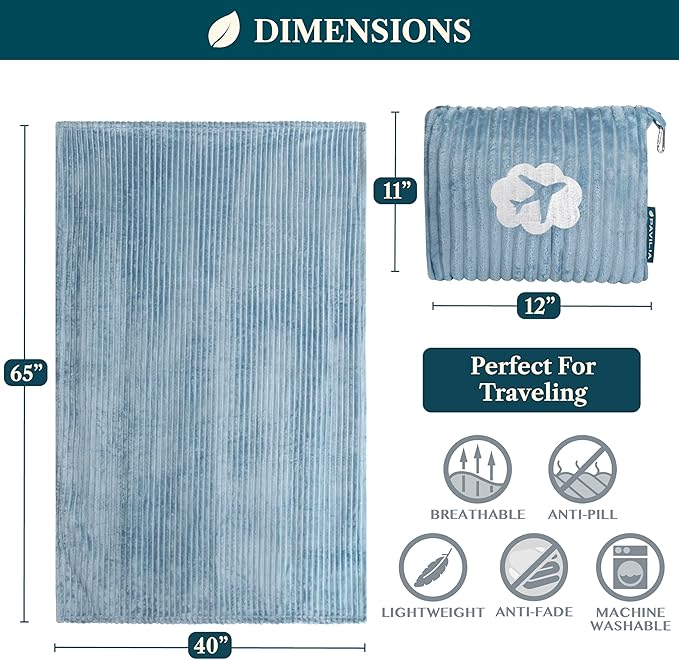 PAVILIA Travel Blanket Pillow in Soft Bag with Pockets, Airplane Blanket Set, Plane Blanket Compact Packable, Flight Essentials Car Pillow, Travelers Accessories Gifts, Luggage Strap, Dusty Light Blue