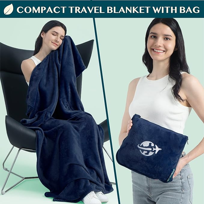 PAVILIA Travel Blanket and Pillow, Arms Opening Airplane Blankets for Adults, Compact Plane Blanket with Arm Hole 2-in-1 Bag for Flight Car Camping Fit in Luggage Backpack Traveler Gift, Navy Blue