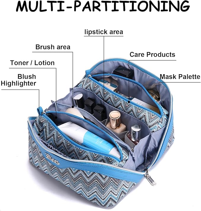BOYATU Travel Makeup Bag for Women: Western Boho Make up Bag Set of 3 - Large Capacity Vegan Leather Cosmetic Bag - Waterproof Toiletry Bag with Compartments & Handle & Divider(J-4-Blue)