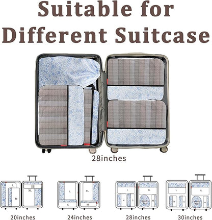 U+U 6 Set Compression Packing Cubes - Ultralight Travel Organizers with Laundry Bag, Space-Saving Suitcase Organizer for Travel, Business Trip and Family Vacation (Blue Flower)