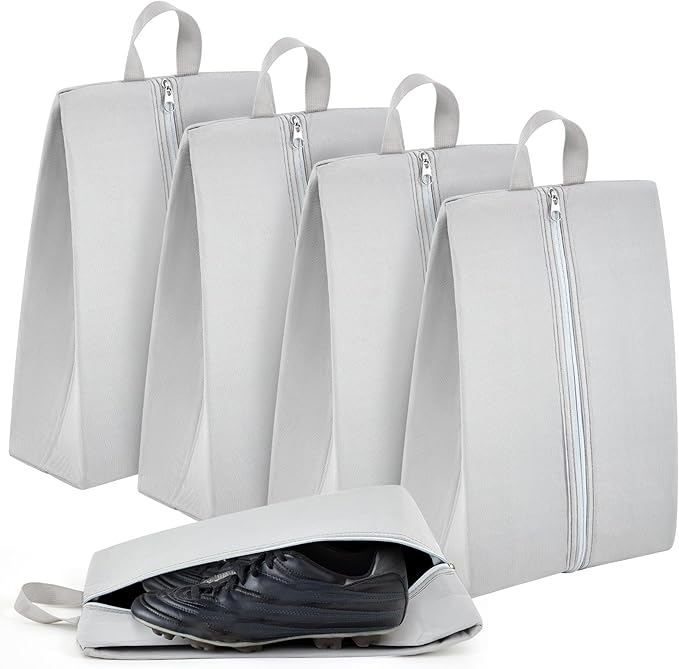 Leinuosen 4 Pack Smell Proof Shoe Cleat Bag for Travel Water Resistant Odor Absorbing Lightweight Golf Soccer Shoe Storage Organizer Pouch with Zipper for Gym Sports Work Men Women (Gray)