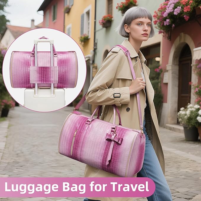 Convertible Garment Duffle Bag for Women, Foldable 2-in-1 Carry On Travel Bag with Shoe Compartment & Toiletry Pocket, PU Leather Stylish Garment Bags for Business Trip, Vacation, Pink-White