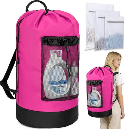 Laundry Bag Backpack with 3 Sizes Mesh Wash Bags and Shoulder Straps Foldable Clothes Hamper Bag with Drawstring Closure for College, Apartment, Laundromat (Pink)