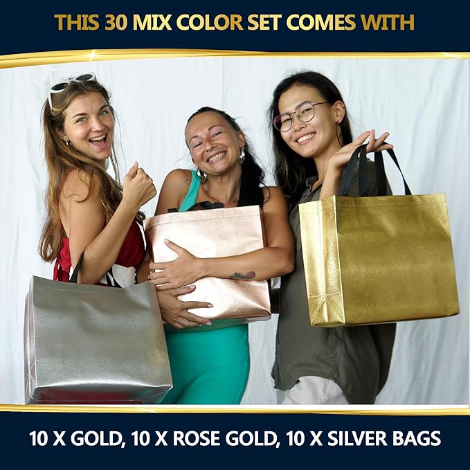Nush Nush Large Mix Color Gift Bags Bulk - Set of 30 Reusable Gift Bags with Handles (10 of Each Rose Gold, Silver, and Gold) - Large Goodie Bag for Birthday, Bachelorette, Christmas, Events - 13X5X11