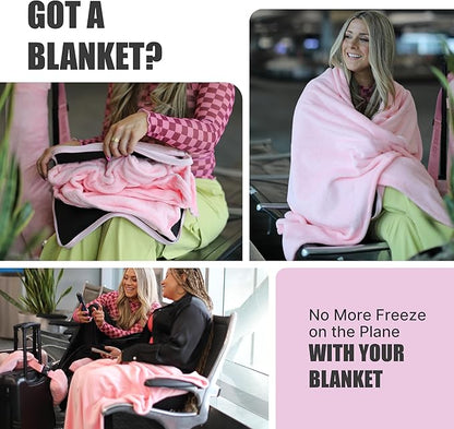 TAKE Off Travel Pillow and Blanket Set with Water Bottle Pockets and Zippered Storage for Travel Essentials – Compact Fleece Throw in a Soft Pillow Case with Luggage Sleeve. Fits 3 Days of Clothes