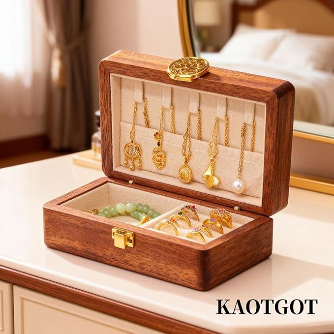 Travel Jewelry Case Small Wood Jewelry Organizer Jewelry Box for Women (Nut-Brown Print B)