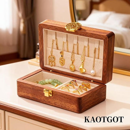 Travel Jewelry Case Small Wood Jewelry Organizer Jewelry Box for Women (Nut-Brown Print B)
