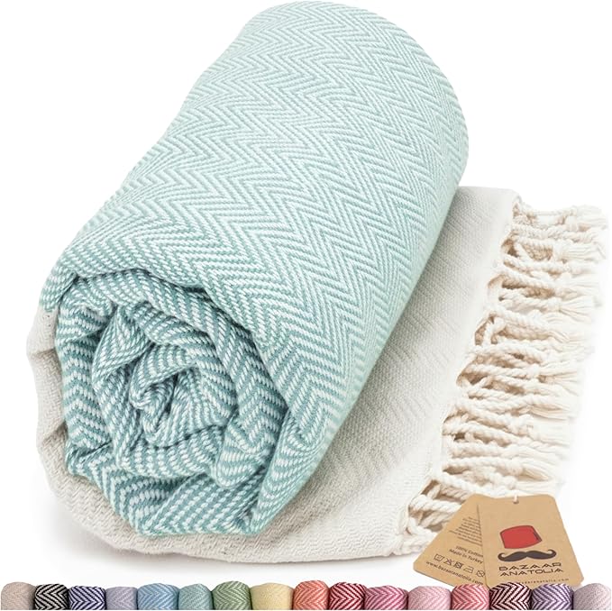 Bazaar Anatolia Turkish Beach Towel 100% Cotton Bath Towels 71x39 Quick Dry Sand Free Lightweight Large Oversized Herringbone Teal Mint