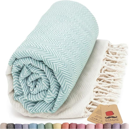 Bazaar Anatolia Turkish Beach Towel 100% Cotton Bath Towels 71x39 Quick Dry Sand Free Lightweight Large Oversized Herringbone Teal Mint