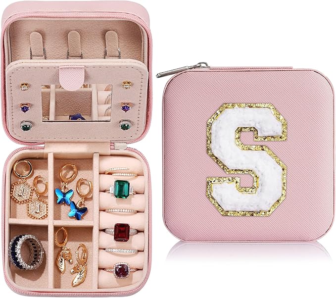 Parima Christmas Stocking Stuffers Gifts for Teenage Girls Women - Travel Jewelry Case for Mother Gifts | Travel Gifts for Mother Mom | Small Jewelry Box | Jewelry Travel Organizer - Letter T, Pink
