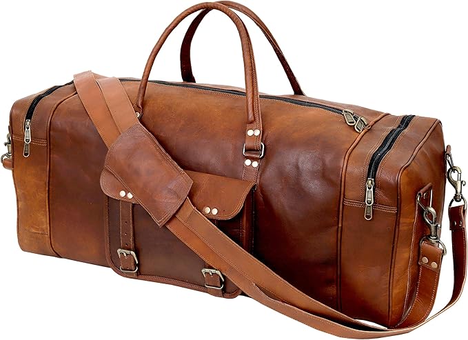 Leather Duffle Bag for Men Luggage Handmade Travel Bag Carry On Luggage Weekender Bags Overnight Gym Sports Cabin Holdall Bag For Airplanes Men And Women (28 Inch Brown)