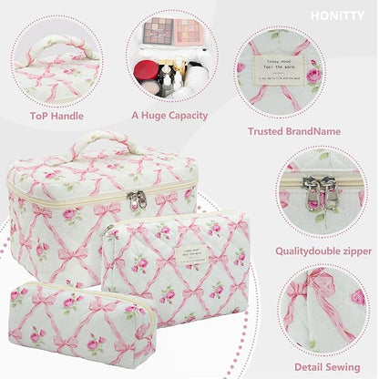 Makeup Bag,Quilted Cosmetic Bag,Large Floral Make Up Bag for Women,Cotton Makeup Bag Set,Flower Travel Toiletry Bag