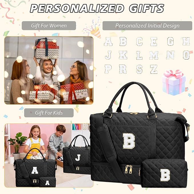 Gifts for Women Girls Christmas Initial Travel Duffle Bag Quilted Weekender Bags Carry-On Overnight with Cosmetic Bag, Gym Bag with Shoe Compartment, Black B