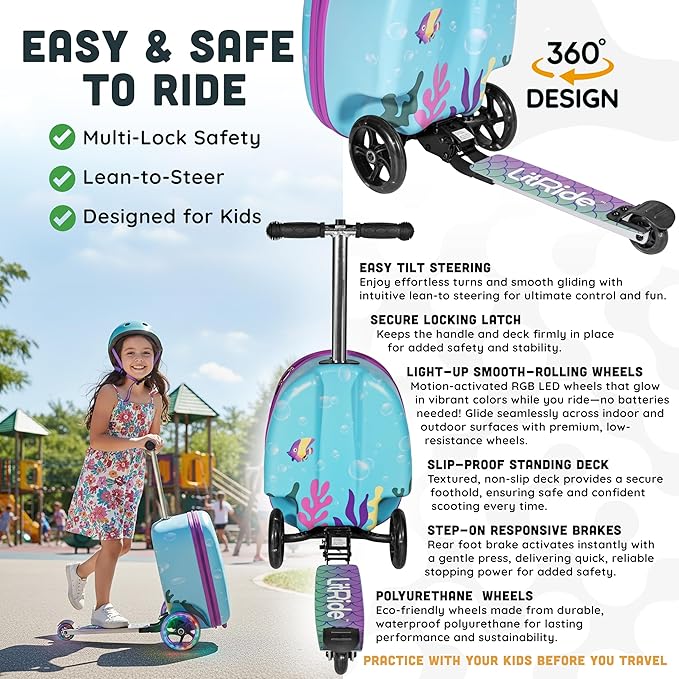 Hardshell Kids Ride-On Luggage with Scooter Suitcase – Carry-On Compliant with LED Light-Up Wheels – Fun and Functional Travel Companion for Children Ages 5–12