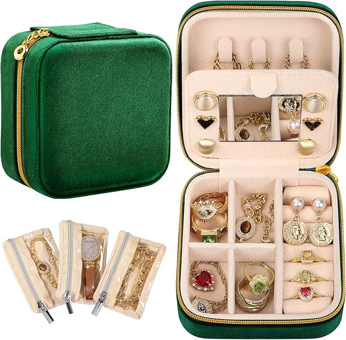 Bistup Travel Jewelry Case - Small Jewelry Organizers and Storage Box for Women Girls Teens Cute Traveling Jewelry Holder with Mirror Little Tiny Compact Modern Unique Aesthetic Pretty, Geen