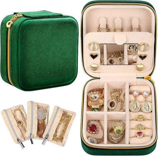 Bistup Travel Jewelry Case - Small Jewelry Organizers and Storage Box for Women Girls Teens Cute Traveling Jewelry Holder with Mirror Little Tiny Compact Modern Unique Aesthetic Pretty, Geen