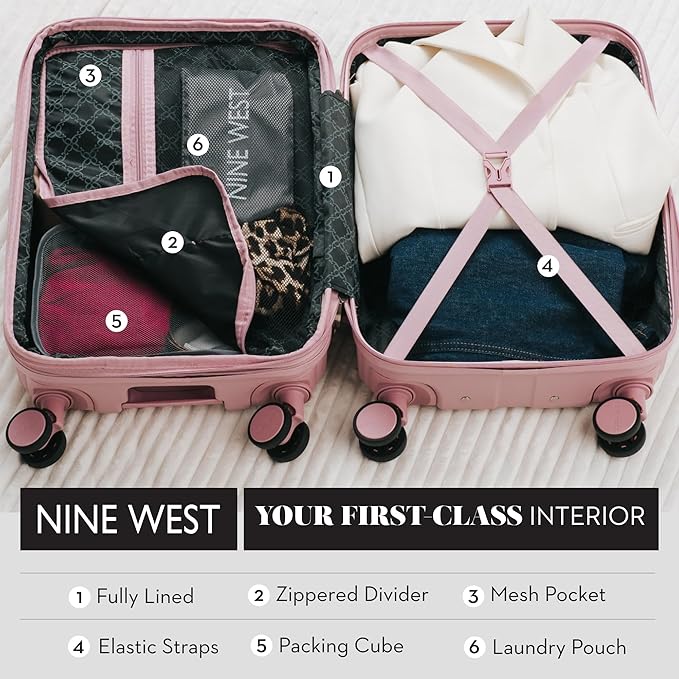 Nine West Suvi 20" Inch Smart Carry On Luggage with Wheels, Hardshell Suitcase with Cup Holder & USB Port for Charging, Airline Approved Cabin Bag Muted Lilac