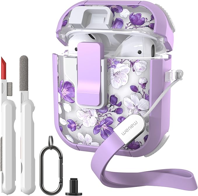 WENEW Case for AirPods 1 & 2 Case Cover Secure Lock Automatic Snap Switch Clip Cleaner Kit Lanyard Women Stylish Flower Hard Shell Full Body (Purple, AirPods 1st & 2nd)