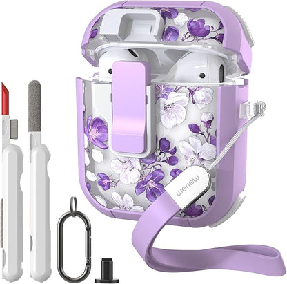WENEW Case for AirPods 1 & 2 Case Cover Secure Lock Automatic Snap Switch Clip Cleaner Kit Lanyard Women Stylish Flower Hard Shell Full Body (Purple, AirPods 1st & 2nd)