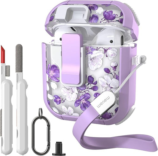 WENEW Case for AirPods 1 & 2 Case Cover Secure Lock Automatic Snap Switch Clip Cleaner Kit Lanyard Women Stylish Flower Hard Shell Full Body (Purple, AirPods 1st & 2nd)