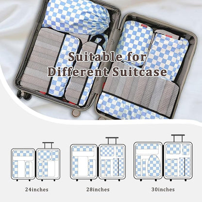 U+U 8 Set Compression Packing Cubes - Ultralight Travel Organizers with Laundry Bag and Cosmetic Bag, Space-Saving Suitcase Organizer for Travel, Business Trip and Family Vacation (Blue Checkered)