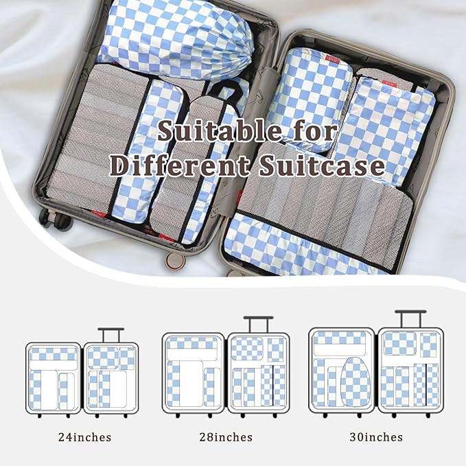 U+U 10 Set Compression Packing Cubes - Ultralight Travel Organizers with Laundry Bag and Cosmetic Bag, Space-Saving Suitcase Organizer for Travel, Business Trip and Family Vacation (Blue Checkered)