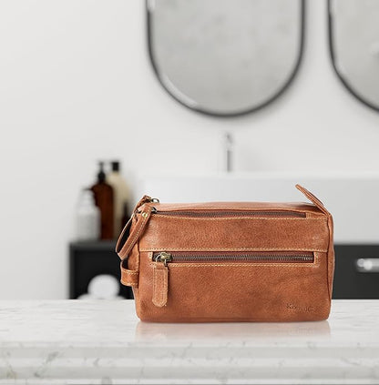 KomalC Premium Buffalo Leather Toiletry Bag for Men & Women – Leather Dopp Kit With Water resistant Lining, Premium Toiletry Travel Pouch, Unisex Wash Bag for Toiletries, Gifts for Men and Women