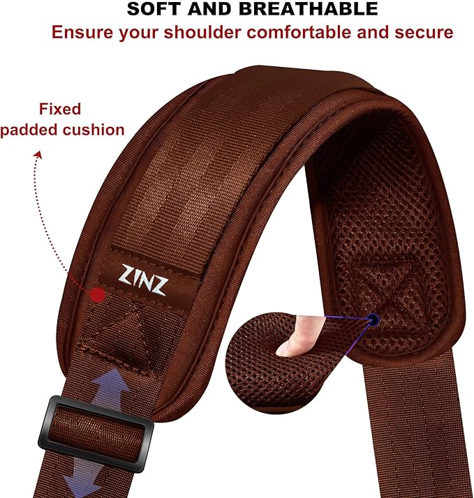 ZINMARK Shoulder Strap 59 inch, Extra-Thick Fixed Cushion Pad and Dual Clasps Universal Replacement Strap for Bags, Camera, Crossbody，Lawn mower Brown