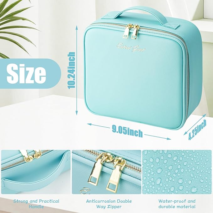 Makeup Travel Train Case with Mirror LED Light 3 Adjustable Brightness Large Cosmetic Bag Portable Storage Adjustable Partition Waterproof Makeup Brushes Make up Jewelry Gift for Women