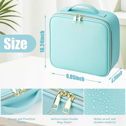 Makeup Travel Train Case with Mirror LED Light 3 Adjustable Brightness Large Cosmetic Bag Portable Storage Adjustable Partition Waterproof Makeup Brushes Make up Jewelry Gift for Women