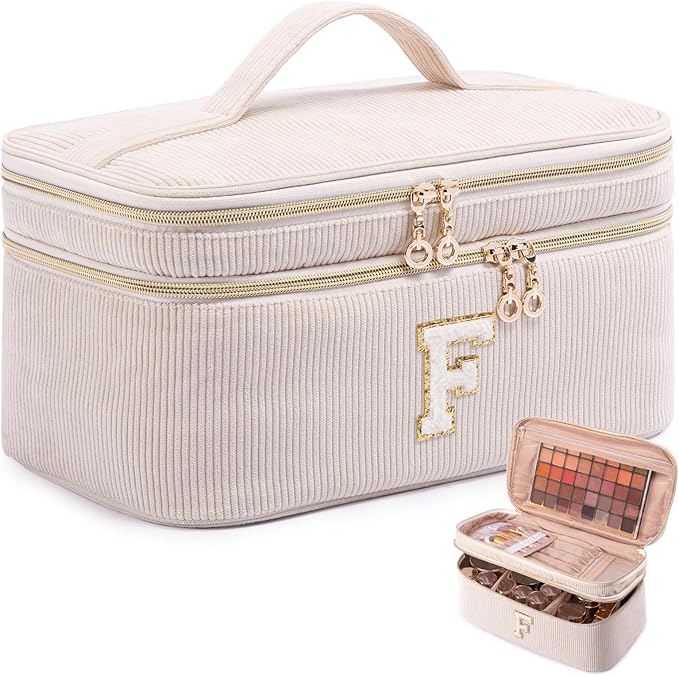 AMOIGEE Initial Makeup Bag Organizer,Personalized Double Layer Train Case, Travel Toiletry Bag for Makeup Brushes for Teens Girl, Skincare Gift Set, Initial Cute Cosmetic Make Up Bag for Women