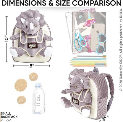 Naturally KIDS Small Dinosaur Backpack - Triceratops Dinosaur Toys for Kids 3-5 - Toddler Backpack for Boys & Girls - Grey Plush Stuffed Animal