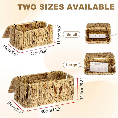 BTSKY Woven Cable Management Box with Lid, Water Hyacinth Cord Organizer for Desk, Cable Organizer Box with 2-Open Slots to Hide Power Strips USB Hubs for Home & Office, Pet Proofing Cord Basket, L+S