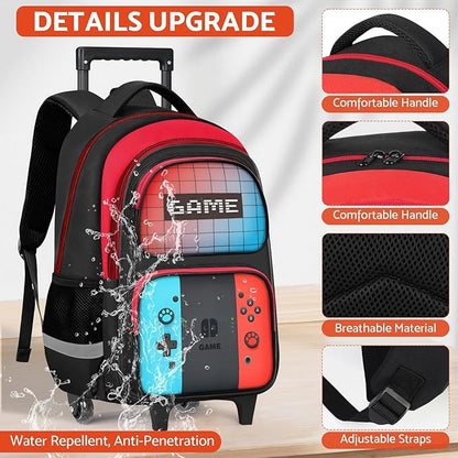 TILYTADLY Boys Rolling Backpack for Kids - Gamer Kids Rolling Backpack with Wheels for Elementary Middle School - Roller School Bookbag,HFHTDC Wheeled Travel Bag for Boys Aged 6-18
