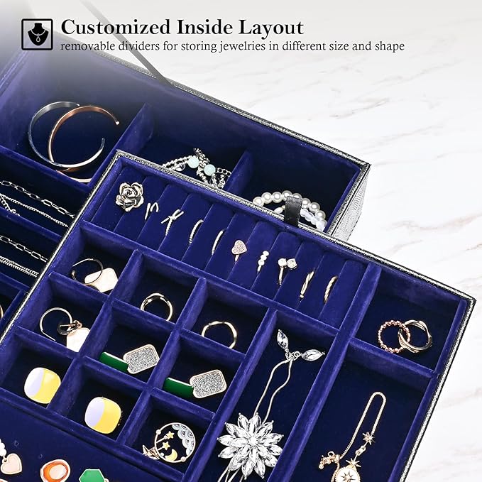 ProCase Jewelry Box for Women, 2 Layers Large Leather Jewelry Organizer Storage Case with Removable Pad for Earrings -Lizardblack