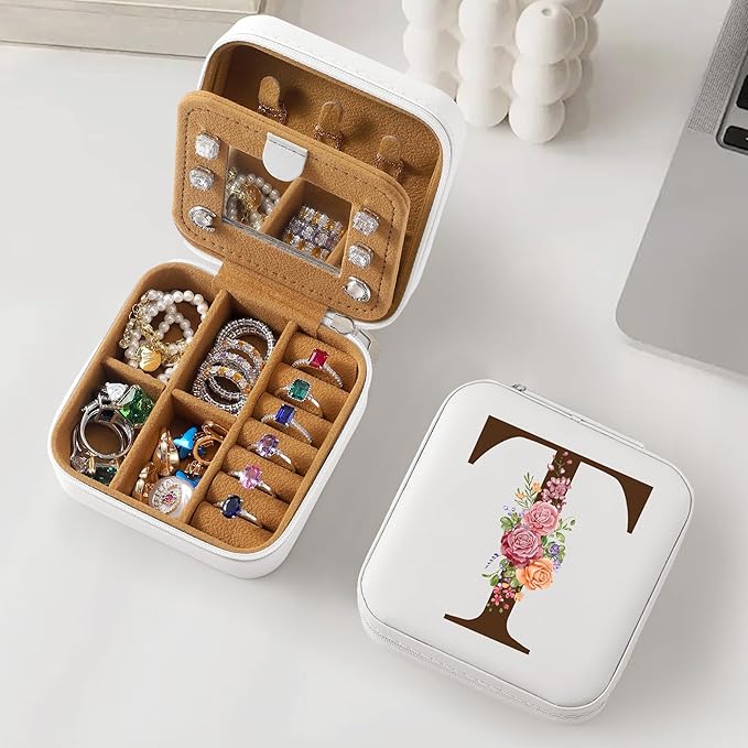 Parima Christmas Stocking Stuffers Gifts Thanksgiving Gifts for Women - Teacher Appreciation & Birthday Gifts, Travel Jewelry Case - Letter T, White