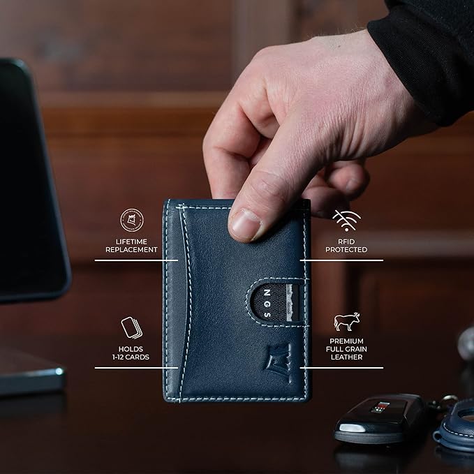 Kings Loot Money Clip Slim Minimalist Wallet for Men – RFID Blocking Leather Design with Money Clip – Front Pocket Bifold Holds 12 Cards – Stylish & Compact Wallets (Blue/Engraved)