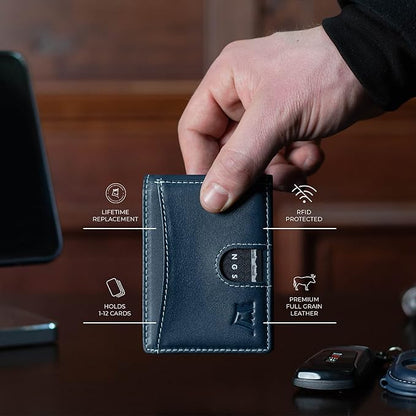 Kings Loot Money Clip Slim Minimalist Wallet for Men – RFID Blocking Leather Design with Money Clip – Front Pocket Bifold Holds 12 Cards – Stylish & Compact Wallets (Blue/Engraved)