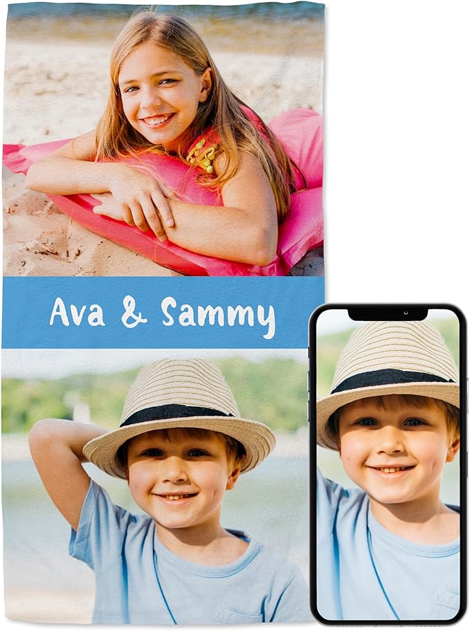 Winslow & Brody Ships Next Day - Personalized Beach Towel for Kids & Adults - Printed in USA - Custom Towels with Picture and Text - Quick Dry Pool Towels - Cotton/Poly Blend - 30" x 60" - 2 Photos