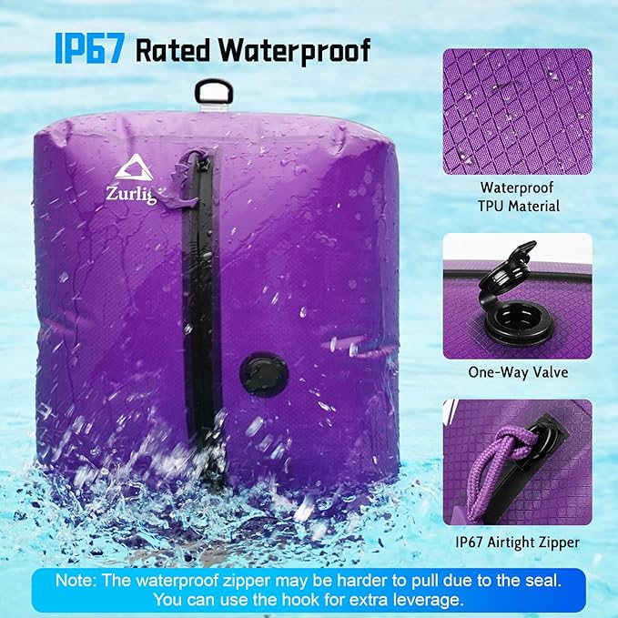 Zurligi Vacuum Bags for Travel with Pump, Vacuum Compression Bag with Adjustable Shoulder Strap, IP67 Reusable Vacuum Packing Cubes for Luggage, Backpack, Suitcase, Yoga, Swim, Beach