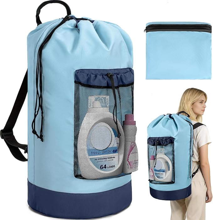 Laundry Bag Backpack with Shoulder Straps and Mesh Pocket Foldable Clothes Hamper Bag with Drawstring Closure for College, Apartment, Laundromat (Light Blue)