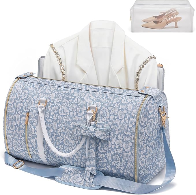 Travel Garment Bag for Women, Foldable Carry On Garment Duffle Bag 20.5x10x12.5 Inch, Convertible Overnight Bags with Shoe & Toiletry Pockets for Business Trip, Vacation, Party, Blue-White