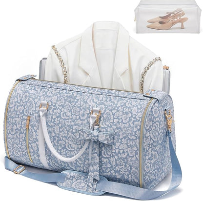 Travel Garment Bag for Women, Foldable Carry On Garment Duffle Bag 20.5x10x12.5 Inch, Convertible Overnight Bags with Shoe & Toiletry Pockets for Business Trip, Vacation, Party, Blue-White