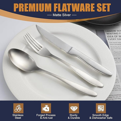 40 Pieces Silverware Set, Stainless Steel Flatware Set for 8, Matte Satin Polished Cutlery Set Include Forks Spoons and Knives, Dishwasher Safe Utensils Set for Home Restaurant