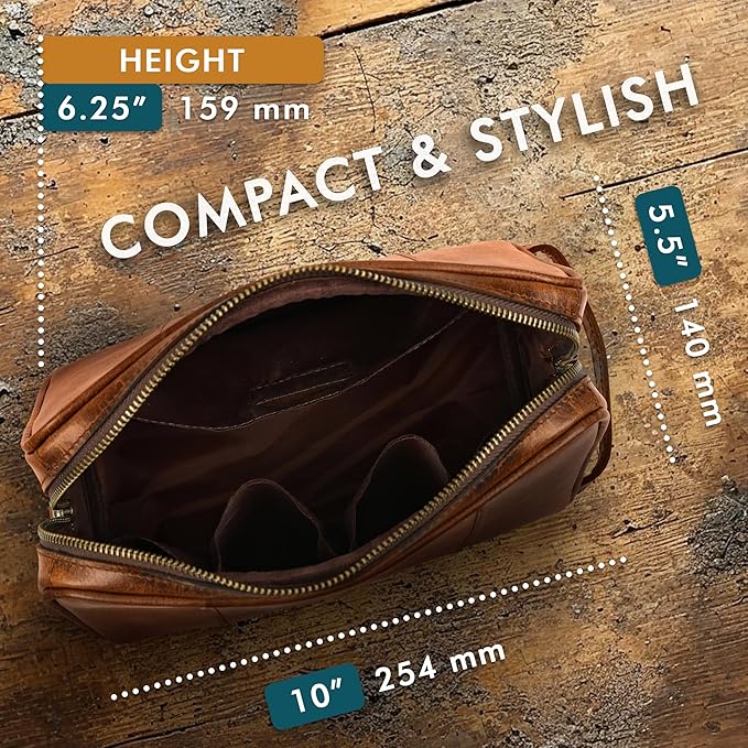 ELIZO Premium REAL Leather Toiletry Bag for Men Dopp Kitt Hanging Mens Toiletry Large TSA Toiletries Bag Shaving Grooming Bag Organizer